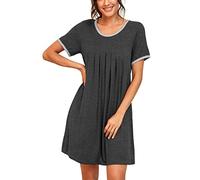 PrinStory Womens Nightdress Short Sleeve Nighties Soft Sleepshirt Pleated Nightshirt Scoopneck Casual Loungewear Sleepwear (Dark Grey, S)