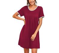 PrinStory Womens Nightdress Short Sleeve Nighties Soft Sleepshirt Pleated Nightshirt Scoopneck Casual Loungewear Sleepwear (Wine Red, L)