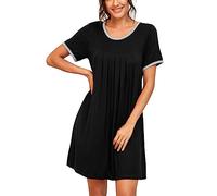 PrinStory Womens Nightdress Short Sleeve Nighties Soft Sleepshirt Pleated Nightshirt Scoopneck Casual Loungewear Sleepwear (Black, L)