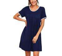 PrinStory Womens Nightdresses Soft Pleated Nightshirts Short Sleeve Sleep Dress Nightgown Sleepwear (Navy Blue, S)