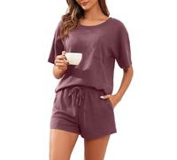 PrinStory Women'S Pajama Set Short Sleeve Waffle T-Shirt And Soft Shorts Nightwear Breathable Loungewear Sweatsuits Summer Shorts With Pockets (Brick Red, S)