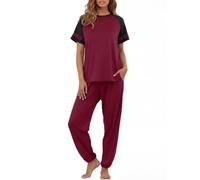 PrinStory Women's Pyjama Set Nightwear Summer Pajama Set Crew Neck Loungewear Tops and Pants with Pockets Pjs Wine Red M