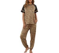 PrinStory Women's Pyjama Set Nightwear Summer Pajama Set Crew Neck Loungewear Tops and Pants with Pockets Pjs Apricot Leopard Print XL
