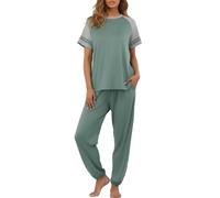 PrinStory Women's Pyjama Set Nightwear Summer Pajama Set Crew Neck Loungewear Tops and Pants with Pockets Pjs Haze Blue L