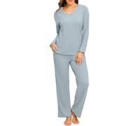 PrinStory Womens Pyjama Set Ribbed Pajama Long Sleeve Nightwear V Neck Top And Wide Leg Pyjama Bottom Knitted Loungewear Set (Gray Blue, S)