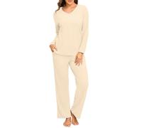 PrinStory Womens Pyjama Set Ribbed Pajama Long Sleeve Nightwear V Neck Top And Wide Leg Pyjama Bottom Knitted Loungewear Set (Beige Apricot, XXL)