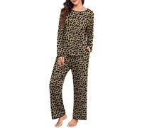 PrinStory Women's Pyjama Sets Long Sleeve Nightwear Crew Neck Top And Wide Leg Bottom Leopard Print Loungewear Pjs With Pockets (Leopard Khaki, S)