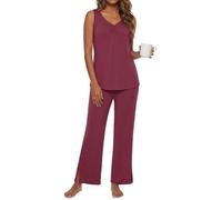 PrinStory Women'S Pyjama Sets Sleeveless Pyjamas V Neck Pjs For Women Sets Tank Tops And Wide Leg Trousers Causal Lounge Wear Sets (Wine Red, M)