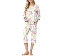 PrinStory Womens Pyjamas Set Casual 3/4 Short T-Shirt And Pyjama Short With Pockets Nightwear Pjs Sets Summer Loungewear (White Morning Glory, XL)