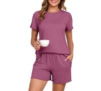 PrinStory Women'S Pyjamas Set Casual Short Sleeve T-Shirt And Short Comfy Crew Neck Pjs For Women Sets Summer Loungewear (Purple Red, S)