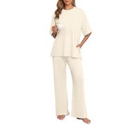 PrinStory Womens Pyjamas Set Sleepwear Knit Short Sleeve Top Breathable Nightwear Pjs Sets Straight Leg Long Pajama Trousers Summer Loungewear (Beige, L)