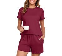 PrinStory Womens Pyjamas Summer Knit Ladies Pyjamas Regular Fit Short Sleeve T-Shirt And Short Casual Loungewear (Wine Red, M)