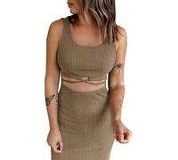 PrinStory Womens Sexy Mini Dress Bodycon Ruched Cutout Twist Front Short/Long Dresses For Party Night (Khaki, XXL)