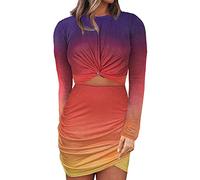 PrinStory Womens Sexy Mini Dress Bodycon Ruched Cutout Twist Front Short/Long Dresses For Party Night (Red Yellow, XL)