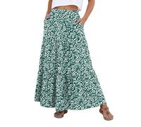 PrinStory Womens Skirts Long Maxi Elasticated Waist Tiered A Line Ladies Skirts with Pocket UK 6-8 (Green White Flower, S)