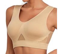 PrinStory Women's Sports Bra Yoga Bra Beige Full Coverage Wirefree Workout Padded Running Bra Nude Sports Bra Nylon Mesh Design Vest Activewear Outwear (Nude, XL)