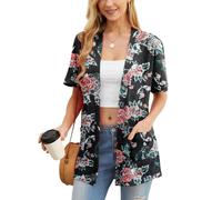 PrinStory Womens Summer Cardigan Short Sleeve Open Front Cardigans V Neck Lightweight Outerwear With Pocket Floral Print Cardigans UK 10-12 (Black Peony, M)