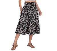 PrinStory Women's Summer Midi Skirt Elasticated Waist Tiered Casual A Line Skirt with Pockets Adjustable Drawstring UK 6-8 (Black Butterfly, S)