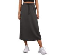 PrinStory Womens Summer Midi Skirts Casual Elastic Waist Adjustable Drawstring Skirt with Pockets and Back Slit (Dark Grey, S)