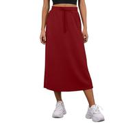PrinStory Womens Summer Midi Skirts Casual Elastic Waist Adjustable Drawstring Skirt with Pockets and Back Slit (Wine Red, L)