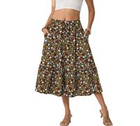 PrinStory Women's Summer Midi Skirts Ladies Boho Flowy Casual Elastic High Waist Skirts with Pockets Drawstring Black Colorful Flower M