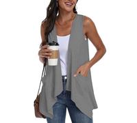 PrinStory Women's Summer Sleeveless Cardigans Lightweight Knit Vest With Pockets Asymmetric Hem UK 14-16 (Dark Gray, L)