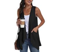 PrinStory Women's Summer Sleeveless Cardigans Lightweight Knit Vest with Pockets Asymmetric Hem UK 6-8 (Black, S)