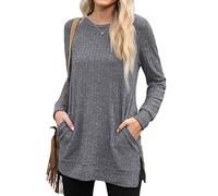 PrinStory Womens Tops Ladies Crew Neck Jumpers Long Sleeve Solid Color Sweatshirts Comfy Causal Pullover With Pockets UK Size 10-12 (Dark Grey, M)