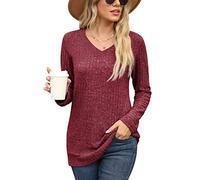 PrinStory Womens Tops Ladies V Neck Jumpers Long Sleeve Solid Color Sweatshirts Comfy Causal Pullover (Red, L)