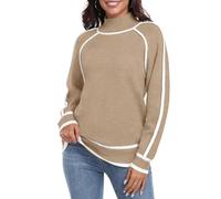 PrinStory Women's Turtleneck Jumper Ribbed Knit Sweater Women's Colour Clash Pullover Long Sleeve Knitwear (Khaki, XXL)