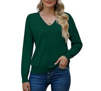 PrinStory Women'S V Neck Jumpers Knit Winter Warm Sweatshirts Long Sleeve Tops Soft Classic Sweater For Ladies (Dark Green, M)
