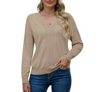 PrinStory Women's V-Neck Jumpers Long Sleeve Tops Casual Knit Pullover Warm Autumn Winter Sweater (Khaki, XL)