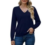 PrinStory Women's V-Neck Jumpers Long Sleeve Tops Casual Knit Pullover Warm Autumn Winter Sweater (Navy Blue, M)