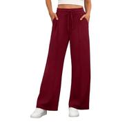 PrinStory Work Trousers Women Elasticated Waist Straight Leg Stretch Yoga Pants Casual Drawstring Work Trousers with Pockets (Wine Red, S)