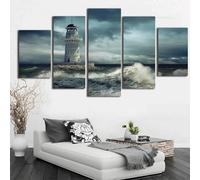 Print Canvas Painting 5 Panel Beach Building Lighthouse Landscape Wall Art Modular Pictures For Living Room Hotel Restaurant Office Home Decor Poster Wall Art Mural/Without Frame 200 X 1-7163370589