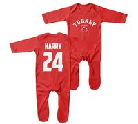 Print Cartel Custom Turkey Romper Suit Babies Boy Girl Türkiye Turkish Personalised Name and Number Baby Sleepsuit, 6-12 Months, Red