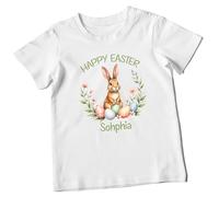 Print Cartel Personalized Kids Easter T Shirt Customised Name Happy Easter Bunny Shirt for Boys and Girls, 3-4 Years, White