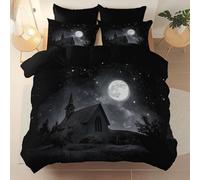 Print Duvet Cover, Soft Brushed Microfiber Surrealism Moon Church theme Black Duvet Cover with Zipper Closure, for Kids’Rooms Guest Bedrooms Super King Bedding Set