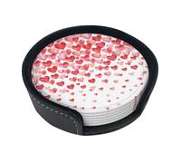 Print Falling Red Hearts,Set of 6 Round Coasters, Pu Leather Drinks Coasters with Holder for Home Office Kitchen