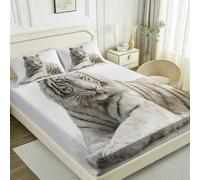 Print Fitted Sheet Double Size Animals Watercolor White Tiger Pattern Bedding with Deep pockets, White Soft Microfiber Breathable Comfortable Fitted bed Sheet 135 x 190 cm for Kids Adult Bedroom