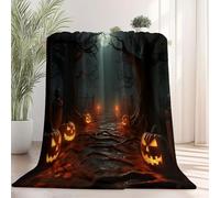 Print Fleece Throw Blanket Cemetery Forest Path Pumpkins - Halloween Theme Fuzzy Plush Sherpa Blankets for Sofa Bed Couch, 130 x 150 cm Warm Flannel Blanket for boys girls and adults