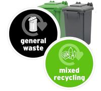 Print Kings Recycling Bin Stickers signs for Bins 12x pack - 2 Design, 100mm x 100mm, Self-Adhesive Vinyl Stickers, Waterproof Decals, Indoor Outdoor General Waste Signs - Mixed Waste, Made in UK.