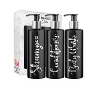 Print Maniacs 3 Set Mrs Hinch Inspired Black Personalised Dispenser Pump Bottles Shampoo Conditioner Body Wash (Silver)