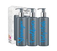 Print Maniacs 3 Set Mrs Hinch Inspired Grey Personalised 500ml Dispenser Pump Bottles Shampoo Conditioner Body Wash (Blue)