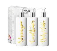 Print Maniacs 3 Set Mrs Hinch Inspired White Personalised Dispenser Pump Bottles Shampoo Conditioner Body Wash (Gold)