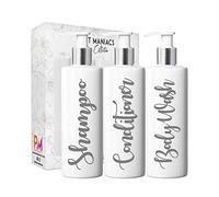 Print Maniacs 3 Set Mrs Hinch Inspired White Personalised Dispenser Pump Bottles Shampoo Conditioner Body Wash (Grey)