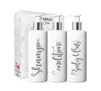 Print Maniacs 3 Set Mrs Hinch Inspired White Personalised Dispenser Pump Bottles Shampoo Conditioner Body Wash (Matt Silver)