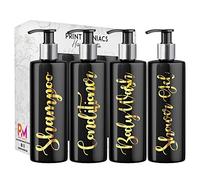 Print Maniacs Black Mrs Hinch Inspired Personalised 500ml Pump Bottles Bathroom Lotion Kitchen Set Shampoo Conditioner (Shower Gel Set) (Gold)