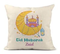 Print Maniacs Cushion with Personalised Name - Eid Mubarak - Islamic Ramadan Home Decor Throw Pillow Case Gift for Eid al-Fitr & Eid al-Adha Parties, Mosque & Crescent Moon Design