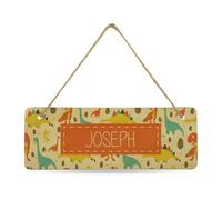 Print Maniacs Door Wall Hanging Personalised Bedroom Sign Kids Child Children's Room Home Dinosaur Trucks Decoration Gift Own Name (Orange Dino)